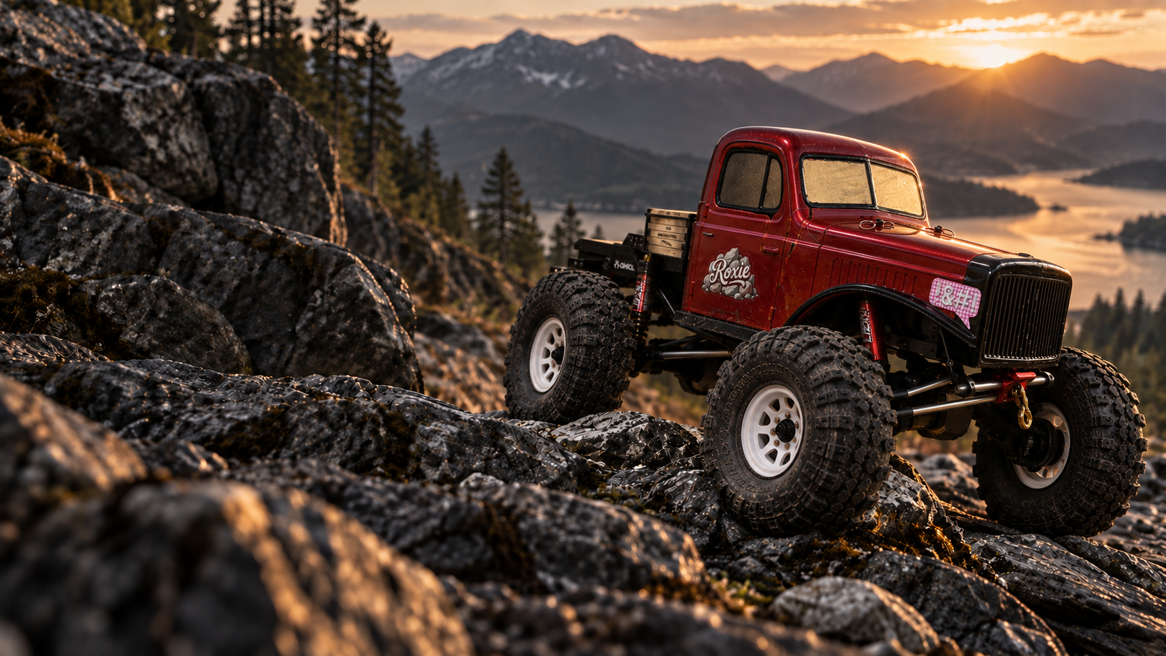 Illustration of the red Roxie RC crawler climbing rocky terrain