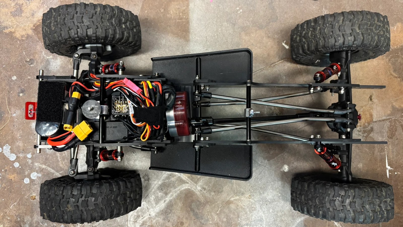 Top-down view of a CCW Jekyll and Hyde chassis with the Anvil sliders installed